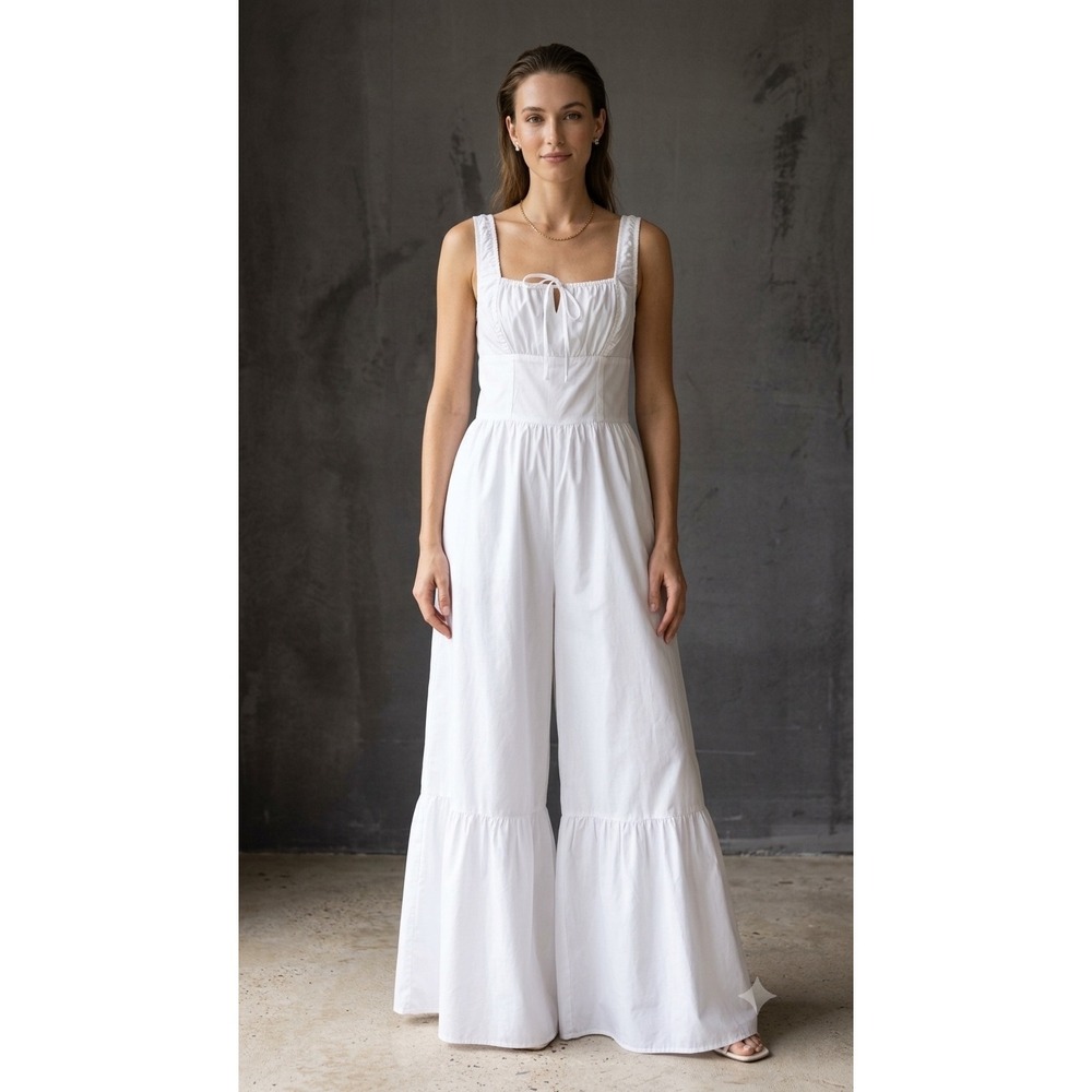 Promesa White Wide Leg Ruffle Hem Jumpsuit Smocked Back Tie Front Size L
